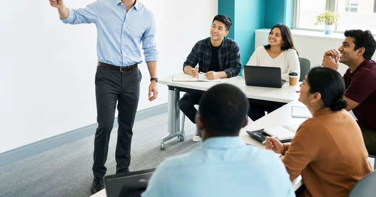 English teacher explaining a lesson to engaged students in a bright classroom